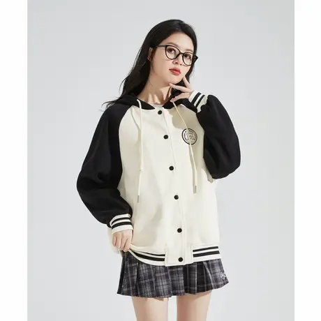唐狮外套女春秋连帽撞色拼接插肩袖棒球宽松百搭休闲外套穿搭商品大图
