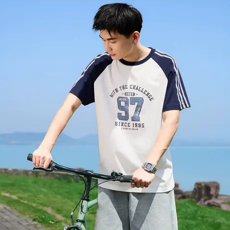 唐狮夏季新款男短袖T恤插肩袖条纹拼接圆领运动内搭打底衫潮t商品大图