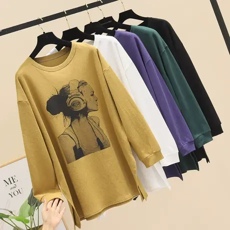 2023欧货新款休闲早秋圆领宽松大版卫衣复古时尚美女印花开叉上衣商品大图