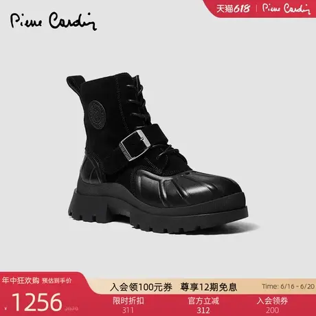 皮尔卡丹女鞋真皮拼接绒面羊皮内里低跟短筒圆头皮带搭扣马丁靴女商品大图