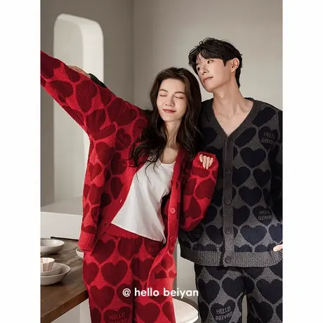 贝妍新婚珊瑚绒情侣睡衣女秋冬季保暖半边绒家居服男开衫大码套装商品大图