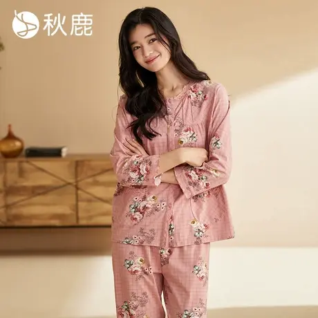秋鹿【超柔软】纯棉睡衣女士秋季蕾丝花边印花格子长袖家居服套装商品大图