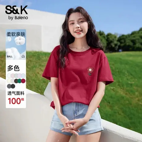 班尼路S&K系列宽松T恤2025新款夏季大码女装设计感红色小花短袖Q图片