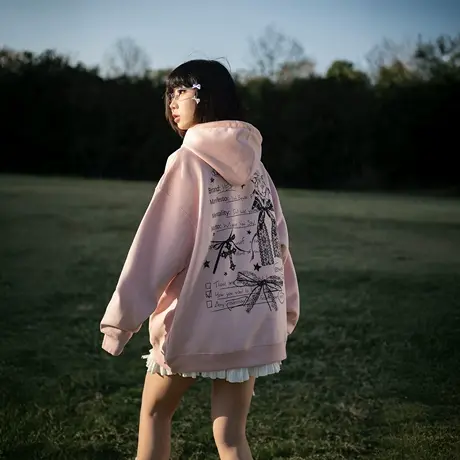 YEP复古樱花粉印花连帽卫衣女春季2025新款潮牌帽衫宽松长袖外套商品大图