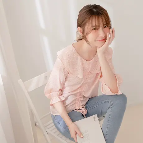 桔熊春夏季韩版浪漫碎花小衫抽绳抽皱荷叶领上衣少女大码AB14866图片