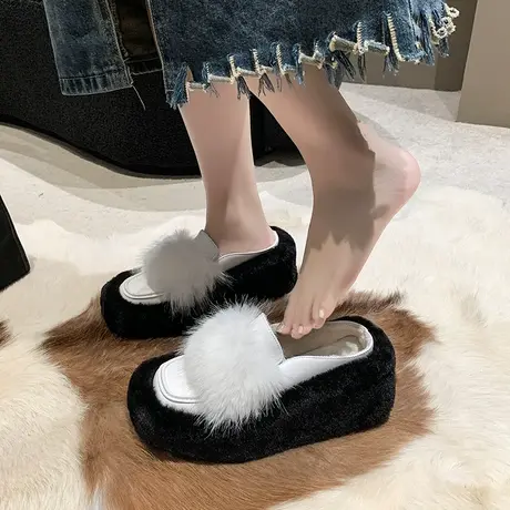 毛毛拖鞋女外穿高级感晨袍厚底高跟坡跟2023秋冬新款包头毛绒拖鞋商品大图