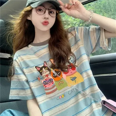 复古韩版条纹短袖t恤女夏季2025新款宽松大码女装撞色卡通上衣服图片