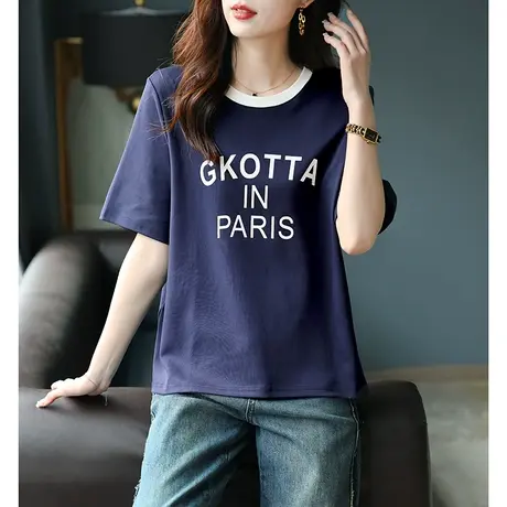 宝诗黎圆领字母印花短袖新款夏季打底衫女2023休闲百搭棉质短上衣图片