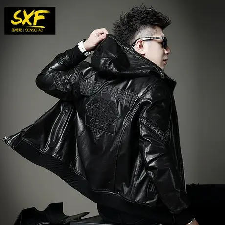 SXF圣希梵男士皮衣外套 真皮连帽机车服夹棉刺绣山羊皮夹克男潮牌商品大图