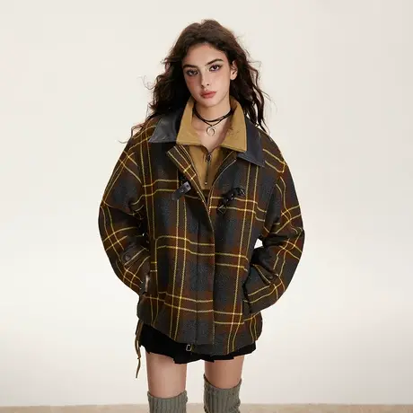 潮牌复古格子棉服女2023年新款夹棉加厚冬季外套宽松oversize棉衣图片