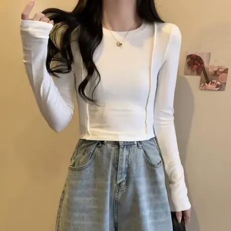 秋冬装磨毛德绒长袖T恤女韩版修身内搭打底衫短款加绒加厚上衣潮商品大图