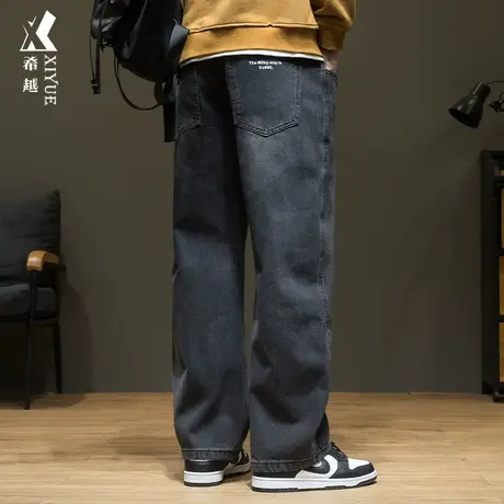 希越复古直筒牛仔裤男士宽松大码水洗耐磨休闲长裤子2023秋冬新款商品大图