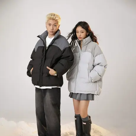 复古潮牌拼接立领棉服女加厚冬季外套2023新款情侣宽松面包服棉衣商品大图