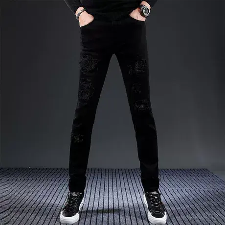 黑色破洞牛仔裤男2023秋冬新款修身小脚弹力补丁时尚烫钻弹力裤子商品大图