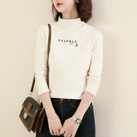 上新立减】半高领刺绣长袖T恤女修身显瘦内搭打底衫上衣图片