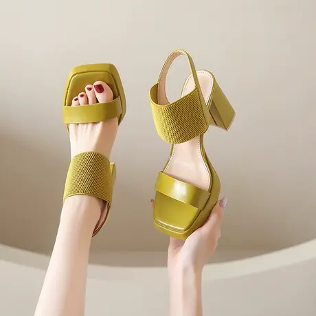 法式粗跟高跟鞋女夏配裙2023新款气质时尚小个子方头厚底露趾凉鞋商品大图