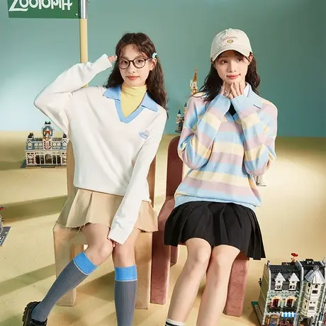 唐狮2022秋冬新款v领学院风撞色条纹白色女毛衣日系慵懒风毛衫图片