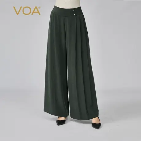 VOA真丝30姆米重磅做旧砂洗绿色松紧腰钉珠装饰宽松桑蚕丝阔腿裤图片
