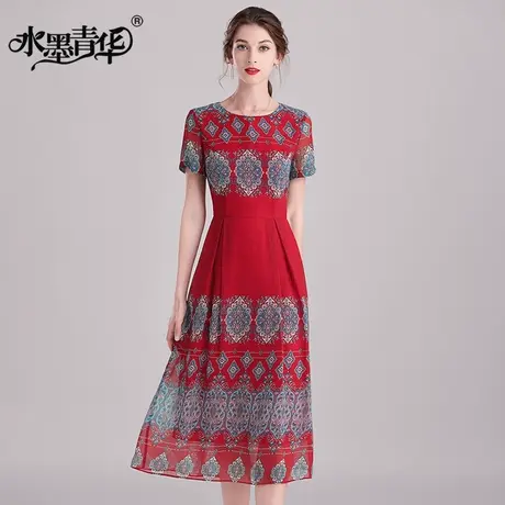 【1件7.9折】时尚中长短袖连衣裙夏季新款连身裙收腰显瘦印花裙商品大图