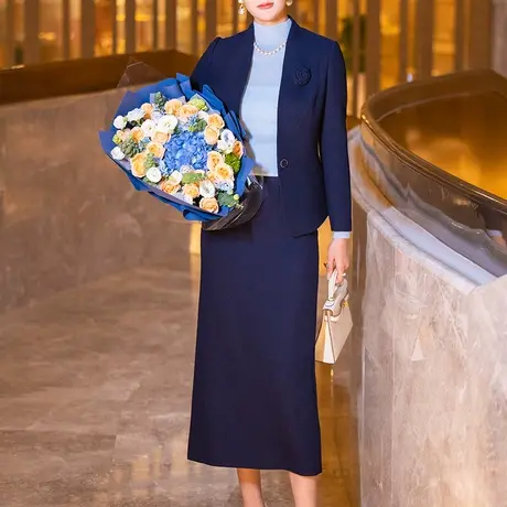 藏蓝色毛呢职业套装女秋冬2023新款时尚修身显瘦气质半身裙两件套商品大图