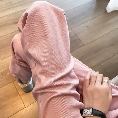 粉色九分直筒高腰牛仔裤女显瘦春秋新款高腰阔腿百搭小个子烟管裤商品大图