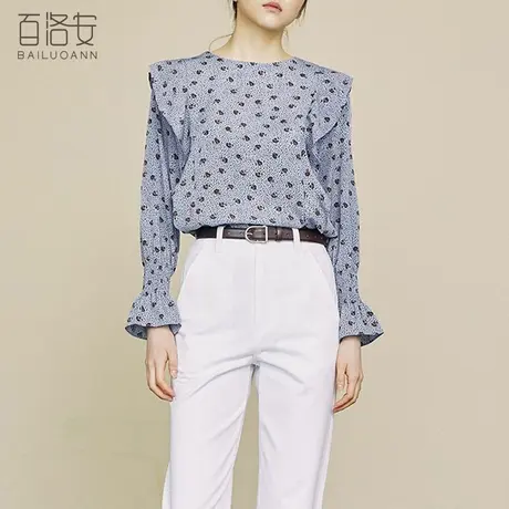 百洛安荷叶边衬衣女装春季新款韩版时尚洋气小衫长袖圆领碎花衬衫商品大图