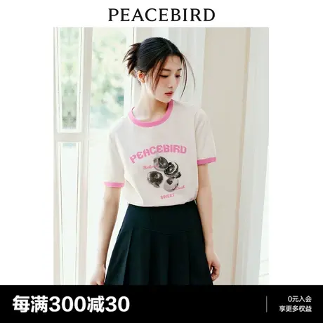 太平鸟甜甜圈撞色印花T恤女短袖2023夏新款圆领舒适减龄时尚上衣图片