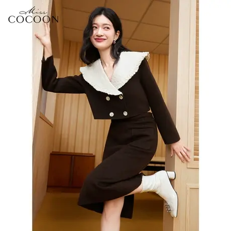 MISSCOCOON气质短款毛呢外套女2022新款时尚百搭双排扣羊毛呢大衣商品大图