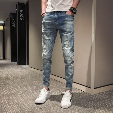 2023秋冬季破洞牛仔裤男潮牌韩版潮流百搭弹力修身加厚小脚裤休闲商品大图