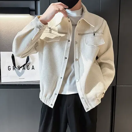 华夫格工装外套男秋冬机车个性重工双拉链设计痞帅发型师夹克上衣商品大图