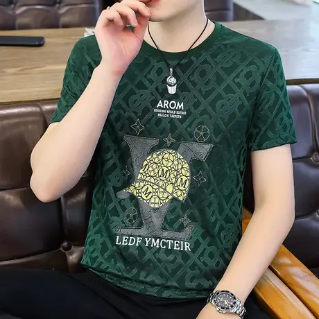 2023夏季时尚洋气烫钻短袖T恤男款打底衫印花修身宽松高档爸爸装商品大图