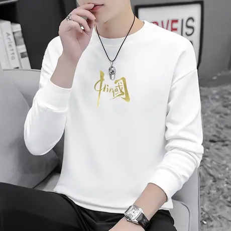 2024新款白色卫衣男秋冬款中国潮流百搭加绒套头无帽宽松圆领长袖商品大图