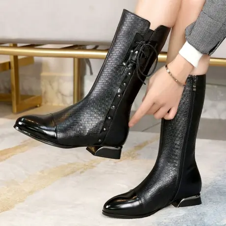 2023冬季新款加绒真皮大码中筒靴女41 43平底骑士靴软皮加绒皮靴商品大图