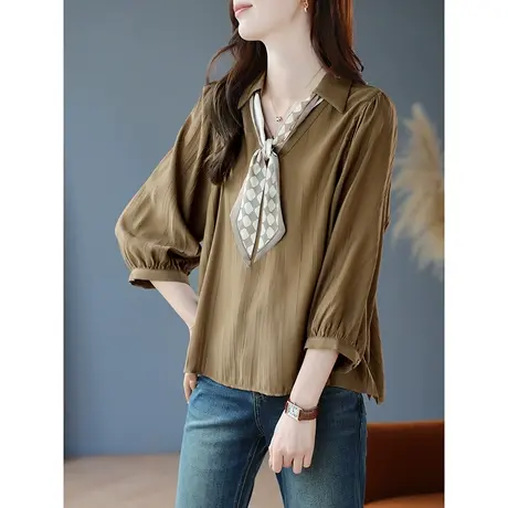 宝诗黎V领条纹系带七分袖衬衫休闲女装2024春季新款宽松套头衬衣图片