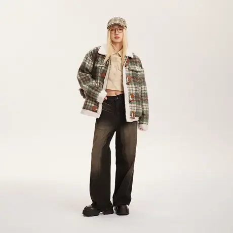 羊角扣拼接格子棉服女冬季羊羔毛外套2023年新款复古宽松保暖棉衣商品大图
