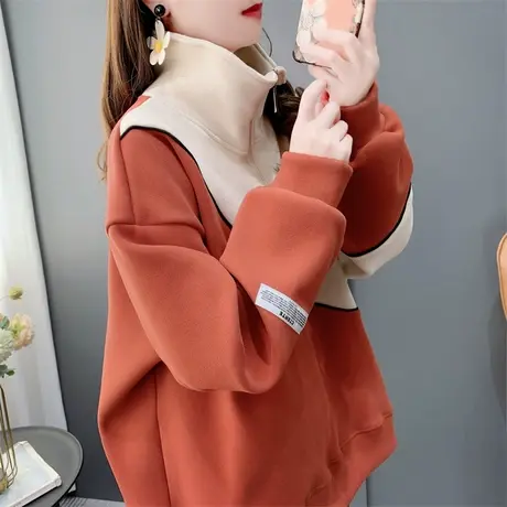 超火短款拼色加绒加厚立领卫衣女2023秋冬新款宽松百搭小个子上衣商品大图