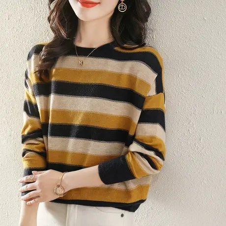 条纹针织衫女士春秋季2023新款洋气短款上衣秋装宽松薄款套头毛衣图片