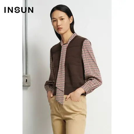 INSUN恩裳冬季修身拼梭设计绵羊毛针织衫商品大图