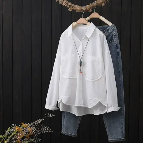 文艺纯色长袖纯棉衬衫女春季2023新款宽松显瘦休闲衬衣打底衫上衣图片