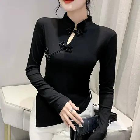 欧货不规则开叉T恤女长袖复古气质立领上衣高腰紧身打底衫秋装ins图片