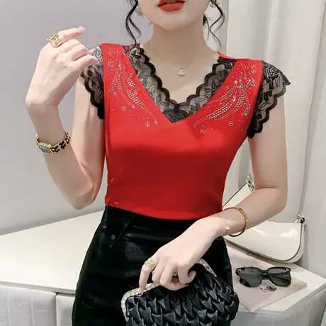 蕾丝拼接T恤女2024夏装新款性感V领气质无袖上衣修身别致背心小衫图片