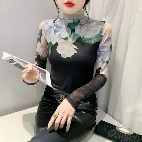 时尚减龄半高领T恤女长袖加绒加厚网纱打底衫性感修身个性上衣ins商品大图