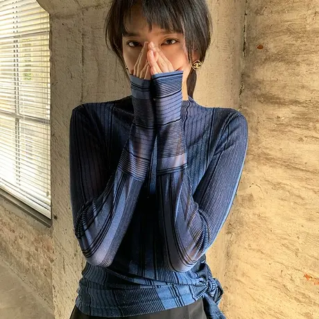 秋装女2023年新款亮丝打底衫内搭洋气条纹小衫半高领长袖T恤上衣商品大图