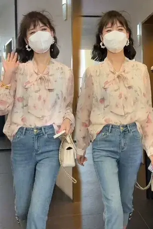 欧货印花雪纺衬衫女春装2023新款设计感仙女洋气内搭别致小衫上衣商品大图