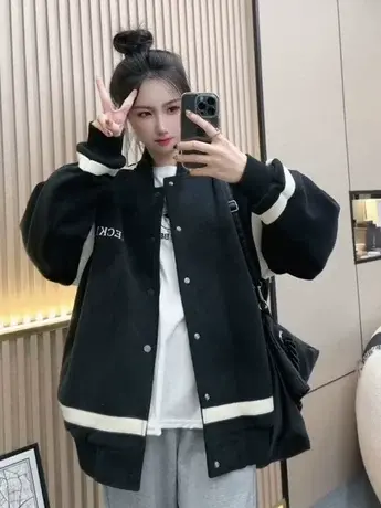 欧货加棉字母刺绣撞色外套2023秋冬季新款百搭棒球服夹克上衣女潮商品大图