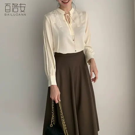 百洛安蕾丝拼接立领系带衬衫女秋季新款时尚宽松百搭长袖上衣衬衣商品大图