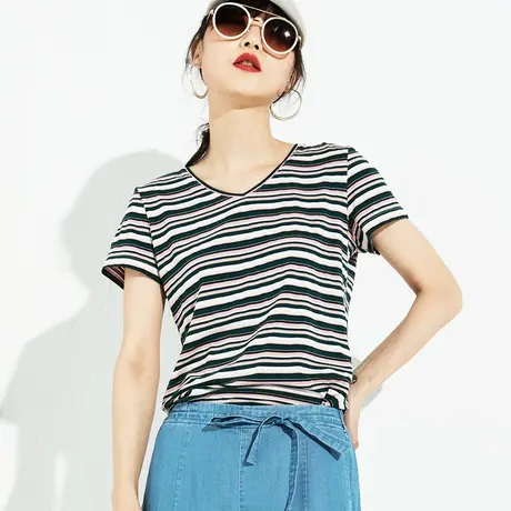 雀后V领条纹短袖t恤女夏季新品显瘦圆领韩版棉体恤百搭半袖上衣商品大图