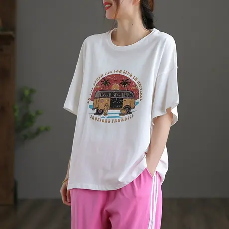 dza纯棉白色短袖t恤女士2022夏季薄款宽松大码上衣打底体恤衫半袖商品大图