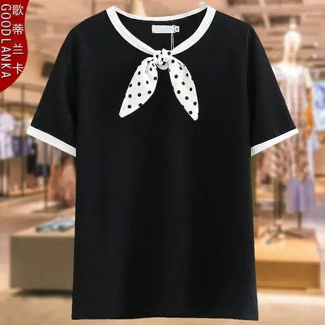 夏季加肥加大码上衣女宽松200斤时尚气质胖妈妈蝴蝶结短袖冰丝T恤商品大图