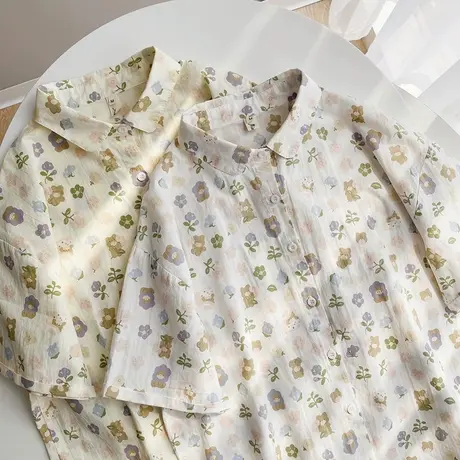 夏新款学院风甜美减龄印花轻薄半袖上衣女宽松文艺小清新短袖衬衫商品大图